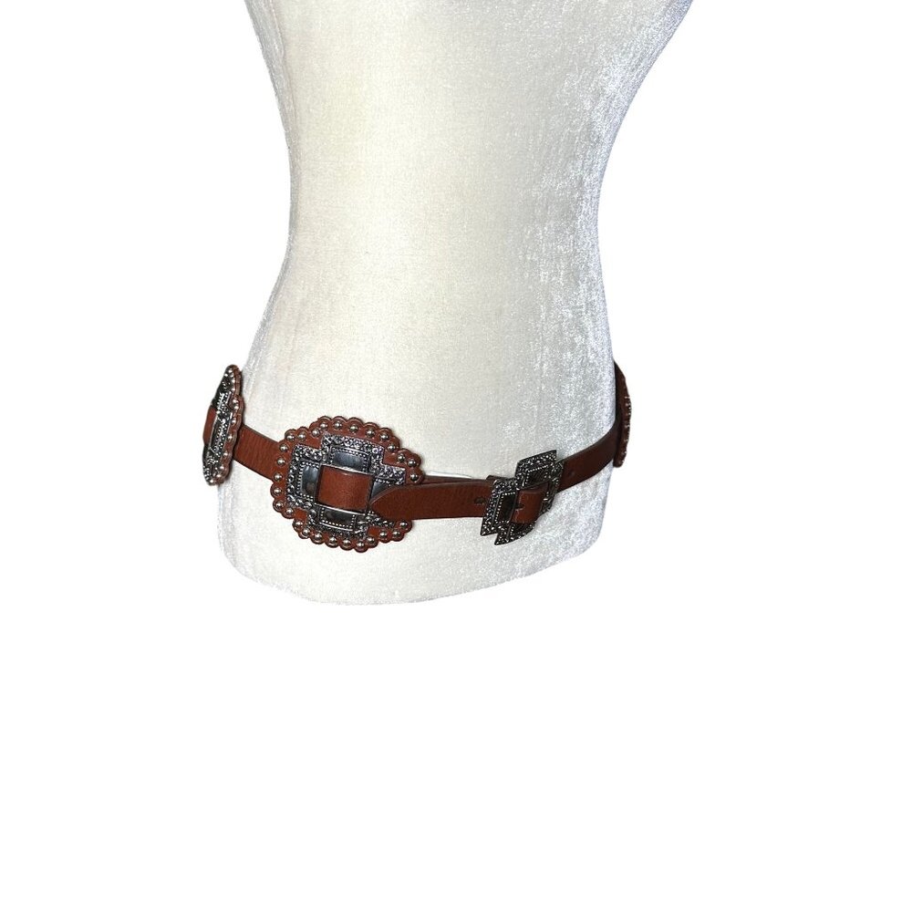Vintage 80s Leather Concho Belt Brown Silver Hardware Heavy Western Large - Picture 5 of 10